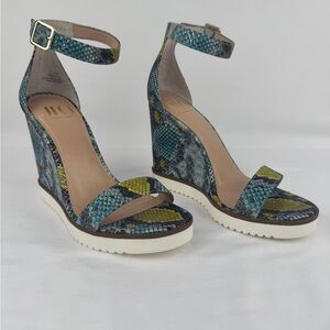 Teal Snakeskin Platform Wedge Ankle Strap Sandals Sz 7 Jennifer Lopez Boho Chic